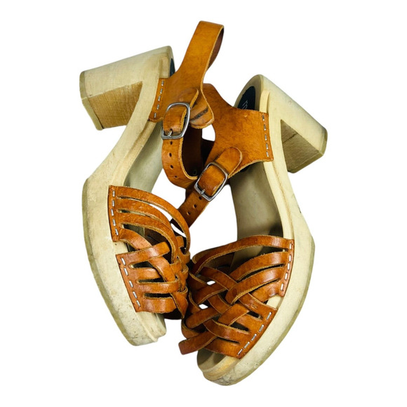 Myclogs.se Womens Sandals Maguba Leather Natural Tan Wooden Peep Toe Size 39 - Picture 1 of 9